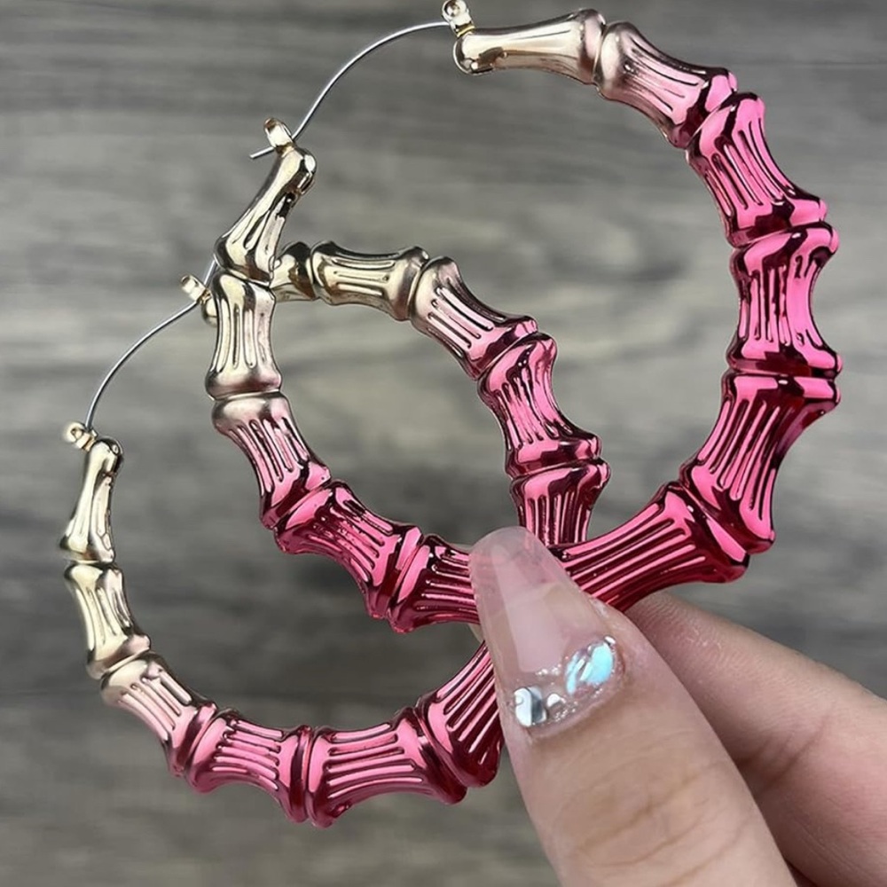 Gold and Pink Bamboo Hoop Earrings
